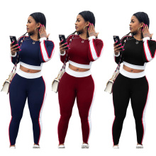 4-C4657 side striped print long sleeves crop top and stretch pants 2pcs set sports fashion women tracksuit